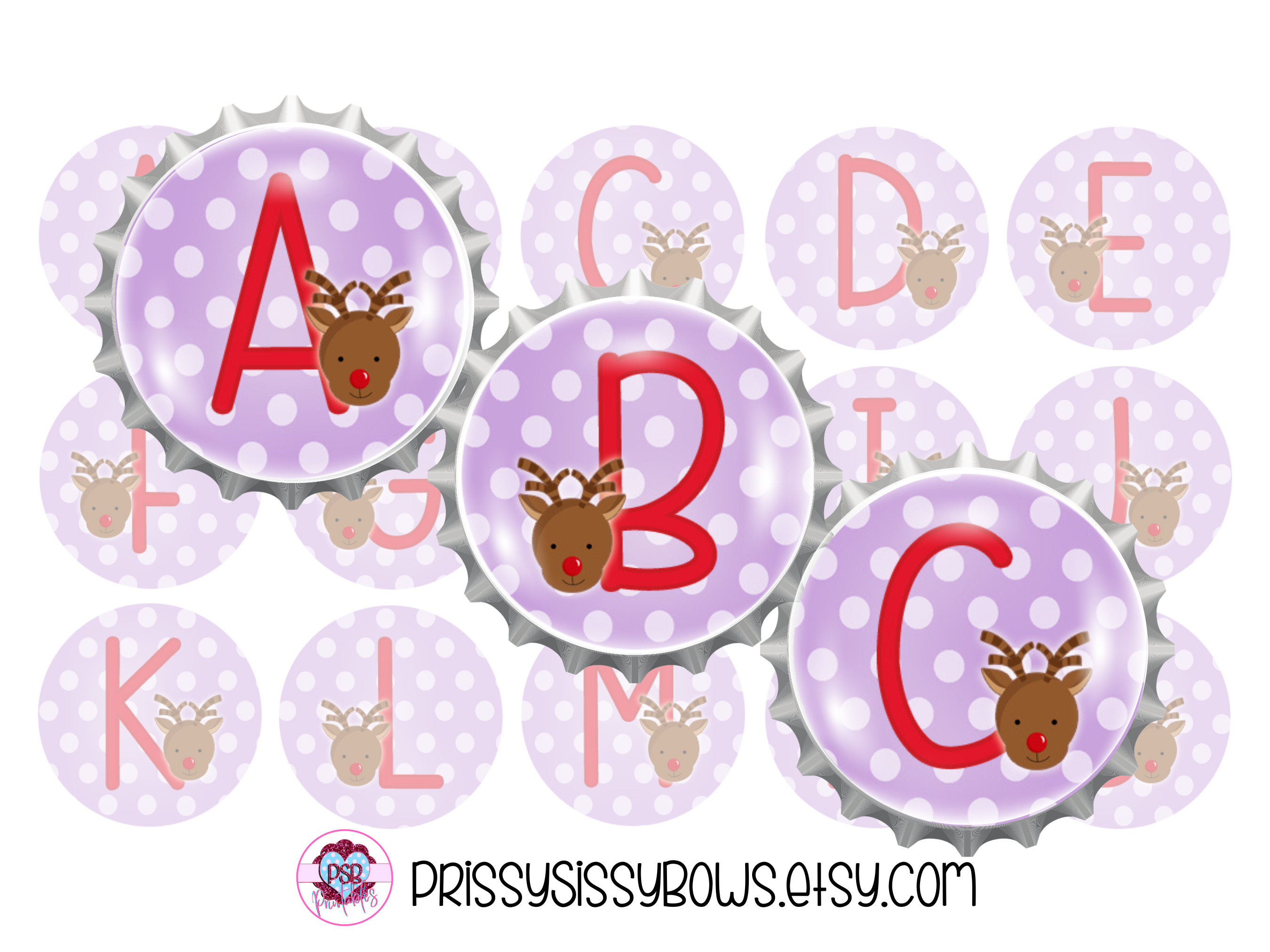 Christmas Reindeer Purple Alphabet 1 Inch Bottle Cap Images - Digital Download
