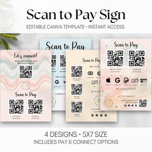 Pode incluir: Quatro placas "Scan to Pay" de 12,7 x 17,8 cm com códigos QR e opções de pagamento como PayPal, Venmo e Cash App. As placas têm um design em aquarela com o texto "Let's connect!" e "We also accept!".