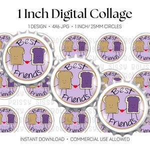 Best Friends 1 Inch Bottle Cap Images, Peanut Butter and Jelly Digital Collage, 25mm Cabochon, Cabs, Hair Bow, Magnet, Button Craft, 0006