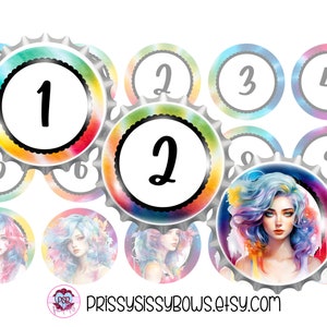 Numéros de tie-dye et photos de tête avant-gardistes colorées Bouchon de bouteille de 2,5 cm Image Fourniture d'artisanat pour le centre de noeuds de cheveux, journal indésirable, aimants | 25 mm| 0182