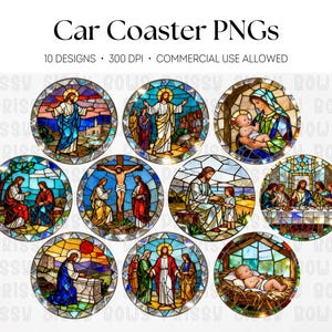 Puede incluir: Una colección de diez diseños de posavasos para coche con ilustraciones de vidrieras de escenas religiosas. Los posavasos son circulares y representan varios eventos bíblicos, con colores vibrantes y obras de arte detalladas. El texto "Car Coaster PNGs" está en la parte superior.