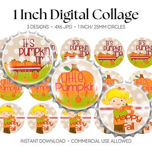 Puede incluir: Una hoja de collage digital con diseños circulares de 25 mm con temas otoñales. Los gráficos incluyen calabazas en un vagón rojo con el texto It's Pumpkin Time, una calabaza grande con Little Pumpkin y un niño con el texto Happy Fall.