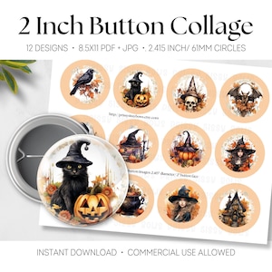 Może przedstawiać: Cyfrowy arkusz kolażowy zatytułowany 2 Inch Button Collage zawierający 12 okrągłych wzorów na Halloween z dyniami, czarnymi kotami, czarownicami i czaszkami. Zawiera fizyczną przypinkę o średnicy 61 mm oraz pliki PDF i JPG w formacie 8.5x11.