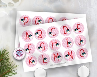 Winter Pink Snowman Alphabet Bottle Cap Images & 1 Inch 25mm Round Christmas Craft Circle Supply for Bow or Badge Reel Embellishment| 0026
