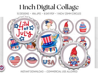 Fourth of July 1 Inch Bottle Cap Images, Independence Day USA Printable Craft Supply, Red, White, & Blue, 25mm Round Circles, 0132