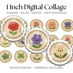 May include: Digital collage featuring 15 designs of 1-inch (25mm) floral and botanical illustrations. The designs include flowers like poppies, violets, and lilies, each with a smiling face. The text on the image says "1 Inch Digital Collage".