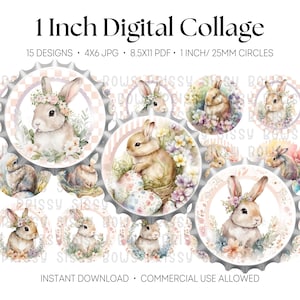 Puede incluir: Hoja de collage digital con ilustraciones de acuarela de conejitos de Pascua y detalles florales. El diseño incluye 15 imágenes, cada una de aproximadamente 25 mm de diámetro, ideal para manualidades. El texto dice "1 Inch Digital Collage".