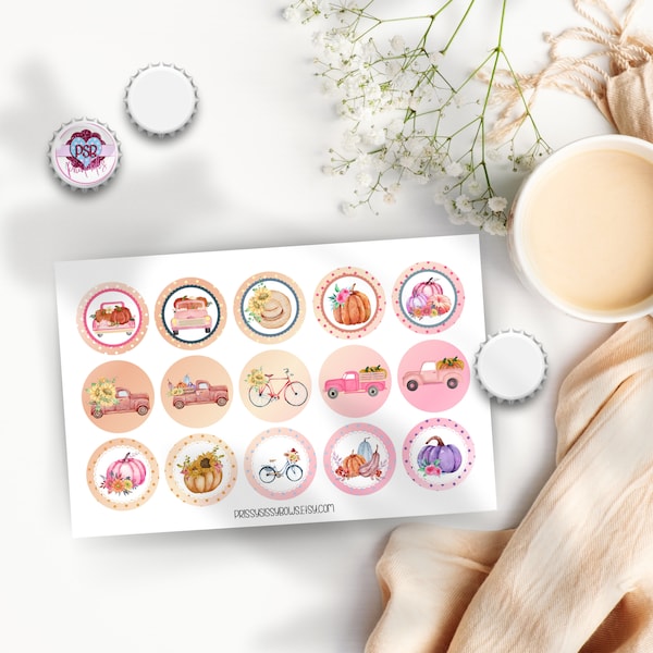 Pink and Orange Autumn 1 Inch Bottle Cap Images of Trucks, Bikes, and Pumpkins for Hair Bows, Badge Reels, Magnets, & Craft Supply| 0222