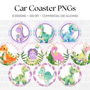 Könnte beinhalten: Eine Sammlung von zehn PNG-Designs für Auto-Untersetzer mit farbenfrohen Aquarell-Dinosauriern. Jeder Untersetzer zeigt einen anderen Dinosaurier in einem kreisförmigen Rahmen mit floralen und geometrischen Mustern. Der Text "Car Coaster PNGs" steht oben.