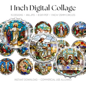Peut inclure: Collage numérique de 15 motifs religieux, chacun d'environ 25 mm de diamètre. Les images représentent diverses scènes bibliques dans un style vitrail, avec des couleurs vives et des détails complexes. Le texte "1 Inch Digital Collage" est en haut.