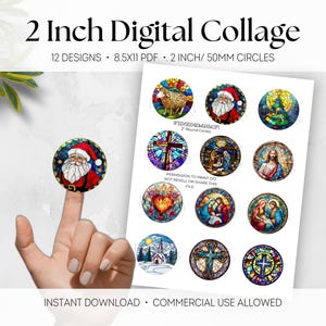 Pode incluir: Uma colagem digital com 12 designs, cada um com 50 mm de diâmetro. Os designs incluem imagens do Pai Natal, vitrais e símbolos religiosos. O texto diz "2 Inch Digital Collage" e "Instant Download".