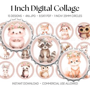 Woodland Forest Animals Digital Collage, Cute Deer 1 Inch Bottle Cap Images, Mocha Fox 25mm Cabochon, Cabs, jpg, pdf, Hair Bow Centers, 0176