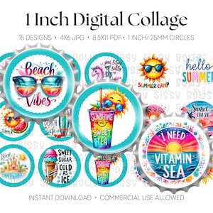 Blue Summer & Watermelon 1 Inch Bottle Cap Images, Digital Collage, BCI, Bow Center, Button, Magnet| 25mm cabs Craft Circles, jpg, pdf, 0260