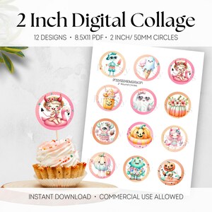May include: A digital collage featuring 12 unique designs, each 2 inches (50mm) in diameter. The designs include whimsical illustrations of characters and objects. The text reads "2 Inch Digital Collage" and "Instant Download Commercial Use Allowed".