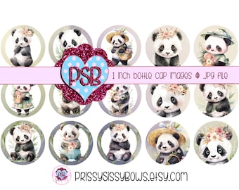 Green & Purple Pandas 1 Inch Bottle Cap Image Printable Round Craft Supply for DIY Hair Bow Center, Junk Journal, Magnet| 25 mm| 0232