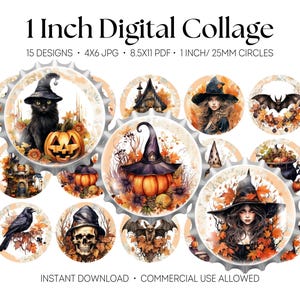 Könnte beinhalten: Eine digitale Collage mit 15 Halloween-Designs. Jedes Design ist ein Kreis mit 25 mm Durchmesser, mit Illustrationen von schwarzer Katze, Kürbissen, Hexen, Fledermäusen und Totenköpfen. Der Text lautet "1 Inch Digital Collage" und "Instant Download".