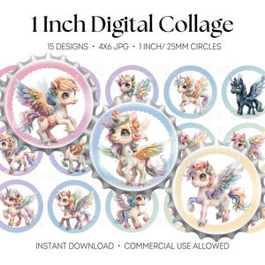 Images pastels de bouchons de bouteille de licorne arc-en-ciel, joli poney d'un pouce, collage numérique, cabochons de 25 mm, nœud pour les cheveux au centre, enrouleur de badge, taxis, casquettes, 0219
