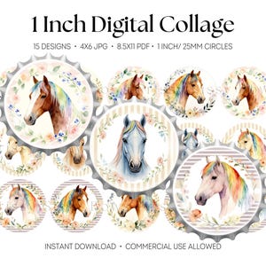 Peut inclure: Collage numérique avec 15 motifs de chevaux à l'aquarelle, chacun de 25 mm de diamètre, dans des bordures décoratives. Le texte "1 Inch Digital Collage" est en haut. Comprend le texte "Instant Download - Commercial Use Allowed".