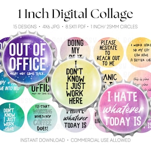 Imágenes de tapas de botellas, frases divertidas sobre trabajo y oficina, círculos de 2,5 cm para manualidades, imanes y centros de lazos, jpg y pdf, descarga instantánea 0263