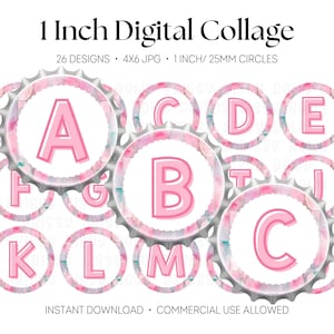 Könnte beinhalten: Ein digitales Collage-Blatt mit 26 kreisförmigen Designs, jeweils 25 mm im Durchmesser, die rosa Buchstaben auf einem Aquarellhintergrund zeigen. Das Bild enthält den Text 1 Inch Digital Collage, 26 designs, 4x6 JPG, 1 inch/ 25mm circles, und Instant Download, Commercial Use Allowed.