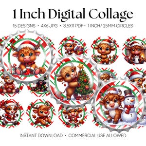Pode incluir: Uma folha de colagem digital com 15 designs circulares de vacas highland com roupas de Natal. O texto diz 1 Inch Digital Collage, 15 DESIGNS, 4X6 JPG, 8.5X11 PDF, 1 INCH/ 25MM CIRCLES, INSTANT DOWNLOAD e COMMERCIAL USE ALLOWED.