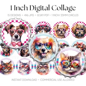 Op de afbeelding: Digitale collage met 15 ontwerpen van honden en katten met zonnebrillen, tegen een achtergrond van een flesdop. De tekst "1 Inch Digital Collage" staat bovenaan, met extra tekst die de afbeeldingsgrootte en commercieel gebruik aangeeft.