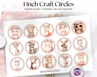 Woodland Forest Animals Digital Collage Sheet, 1 Inch Bottle Cap Images, Craft Supply for DIY Hair Bow Center, Junk Journal| 25 mm| 0176