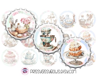 Antique Green and Blue Baking Desserts Bottle Cap Images, One Inch Craft Circle Supply, BCI Hair Bow Center, Pendant, & Cupcake Topper, 0290