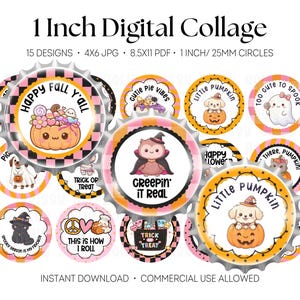Puede incluir: Una hoja de collage digital con 15 diseños circulares con temas de Halloween, incluyendo calabazas, fantasmas y animales. El texto incluye frases como Happy Fall Y'all, Creepin' it Real y Little Pumpkin. Los círculos tienen un diámetro de 25 mm.