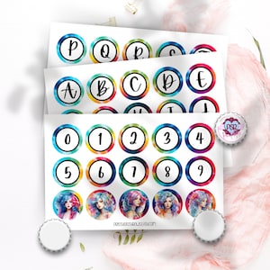 Alphabet arc-en-ciel et nombres de tie-dye avec image de capsule de 2,5 cm et cercle d'artisanat pour centre de noeud de cheveux, bobine d'insigne | 0100, 0182, 0183