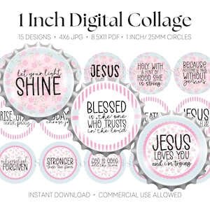 Könnte beinhalten: Digital Collage mit 25 mm Kreisen mit inspirierenden Zitaten und floralen Designs. Die Kreise enthalten Sätze wie "Lass dein Licht scheinen" und "Jesus liebt dich". Erhältlich in JPG- und PDF-Formaten.