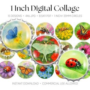Könnte beinhalten: Eine digitale Collage mit 15 Designs von Insekten und Blumen, jeweils etwa 25 mm Durchmesser. Die Designs umfassen Schmetterlinge, Bienen, Marienkäfer und andere Insekten auf verschiedenen Blumen. Der Text "1 Inch Digital Collage" steht oben.