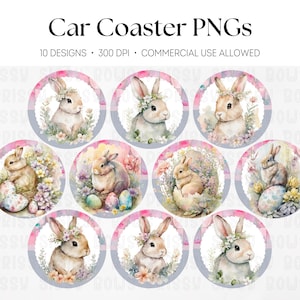Pode incluir: Uma coleção de dez designs de porta-copos para carro com ilustrações em aquarela de coelhos e detalhes florais. Cada porta-copos é redondo com uma borda cinza e rosa, ideal para a decoração de Páscoa ou primavera.