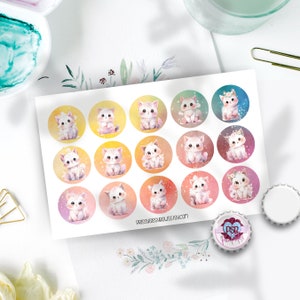 Tie Dye Kitten, image d'une capsule de 25 mm (1 po. ou 25 mm) et matériel de création circulaire pour centres de noeuds, décorations de cupcakes, porte-clés et aimants | 0122