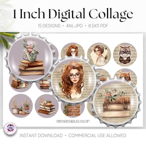 Vintage Books 1 Inch Bottle Cap Images, Antique Flowers Hair Bow Center, Bookish Necklace, Nerd Badge Reel, Flair, Buttons, 25mm, 0141