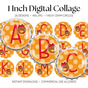 May include: A digital collage sheet featuring 26 circular designs, each 1 inch in diameter. The graphics display orange circles with white polka dots, red letters, and a small turkey illustration. Text includes 1 Inch Digital Collage.