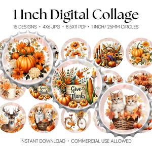 Fall Digital Collage, Thanksgiving One Inch Bottle Cap Images, Dogs & Cats 25mm Cabochon, Cabs, Caps, JPG, PDF, Cozy Hair Bow Supply, 0318