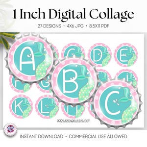 May include: Digital collage featuring 1-inch bottle cap designs with letters A through L, each with a mermaid tail. The designs are in a teal and pink color scheme, with the text "1 Inch Digital Collage" at the top.