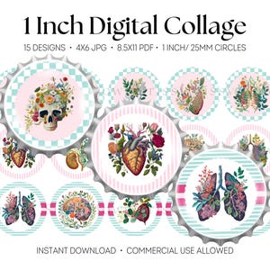 May include: Digital collage featuring 15 designs of anatomical illustrations, including a skull, heart, lungs, and brain, adorned with floral elements. Each design is 1 inch in diameter and set against a pink and mint green background. Text reads: "1 Inch Digital Collage".