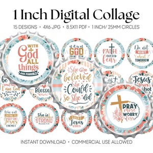 Puede incluir: Collage digital con 15 diseños con citas inspiradoras y motivos florales. Cada diseño es un círculo de 25 mm, ideal para proyectos de manualidades. Incluye formatos JPG y PDF para descarga instantánea.
