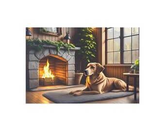 Cartes postales d'art un chien assis au coin du feu dans un cottage confortable