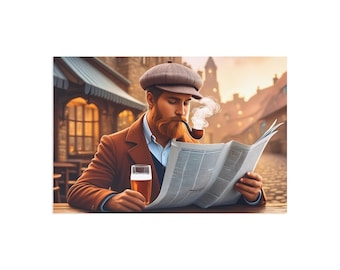 Carte postale d'art représentant un homme assis devant un pub de campagne, lisant son journal avec un verre de bière, fumant sa pipe.