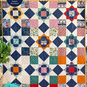 May include: A colorful quilt pattern titled "DUOMO" with a variety of fabric patterns, including floral, geometric, and cityscape designs. The quilt features a patchwork design with navy blue diamond shapes and square blocks. The text "PDF PATTERN" and "Instant download" are visible.