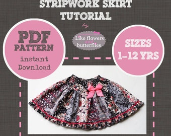 PDF pattern Instant Download stripwork SKIRT kids girls sizes 1-12 yrs