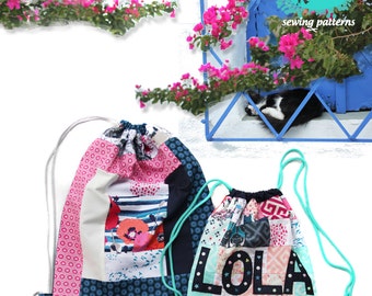 PDF pattern Instant Download Skopelos fabrics Patchwork - LOLA drawstring backpack bag by Katarina Roccella