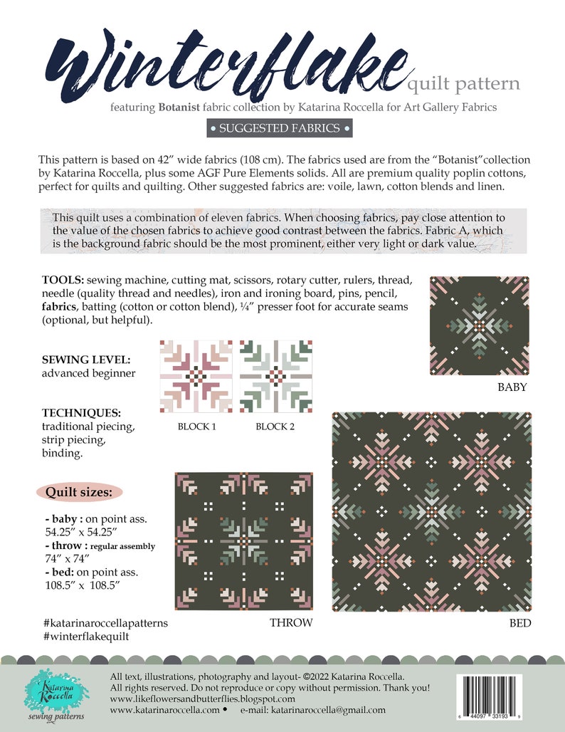 WINTERFLAKE Instant Download PDF modern traditional winter snowflake QUILT pattern by Katarina Roccella with Wintertale Botanist fabrics image 4