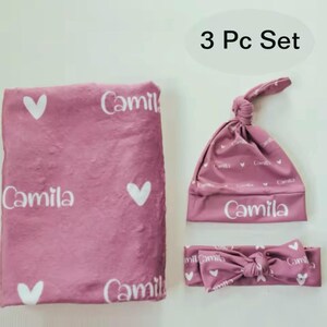 Personalized Custom Name Baby Swaddle Set Hat Bow Swaddle Blanket Set Baby Shower Gift Name Blanket Baby Boy Girl Customized Baby Blanky Set