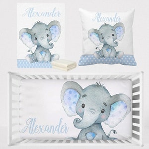 Elephant Personalised Baby Boy Cot Crib Bedding Set Custom Name Blanket Cushion Cover Fitted Sheet 3Pcs Bedding Set Baby Shower Newborn Gift