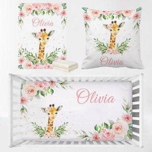 Giraffe Personalised Baby Girl Cot Crib Bedding Set Custom Name Blanket Cushion Fitted Sheet 3 Pcs Bedding Set Baby Shower Newborn Gift