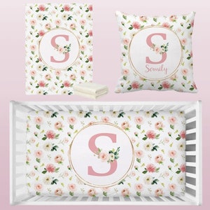 Floral Initial Baby Girl Personalized Cot Crib Bedding Set Custom Name Blanket Cushion Cover Fitted Sheet 3Pcs Baby Shower Newborn Girl Gift